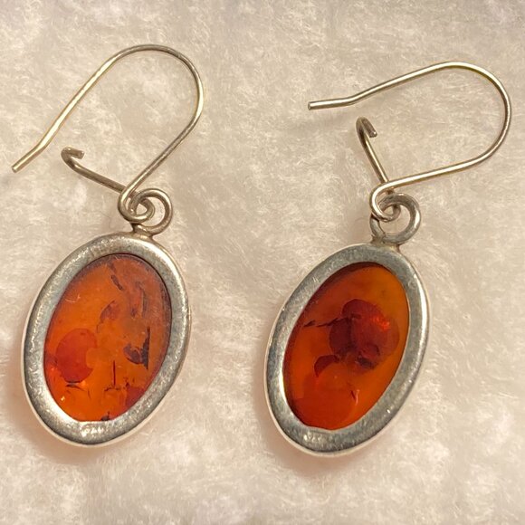 Vintage Sterling Silver Amber Cabochon Handmade Earrings - Picture 2 of 2